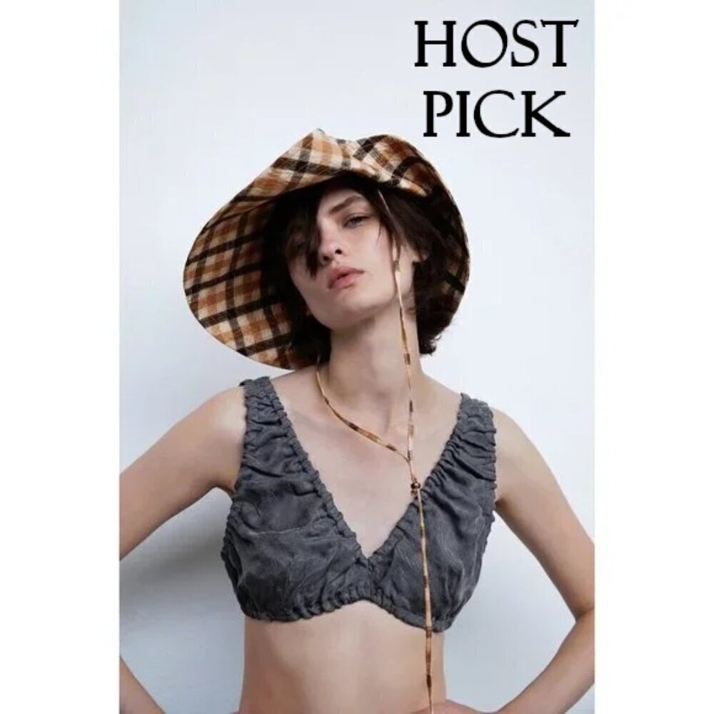 NWOT Zara brown plaid fabric bucket hat, S